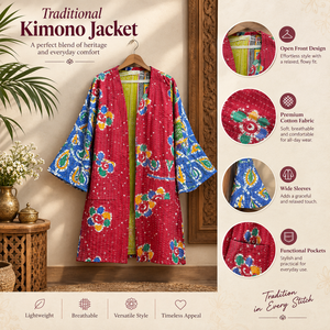 Veste kimono traditionnelle en coton rouge et bleu avec patchwork, couture Kantha et manches larges |   Longue veste ouverte style bohème - Product Image 5