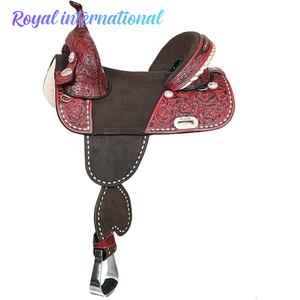 Premium Red Hand <b>Tooled</b> Western Horse Saddle Genuine <b>Leather</b> Trail Ranch Riding Cowboy Equestrian Tack Comfort Performance Seat - Product Image 1
