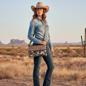 Western Cowhide Leather Crossbody Bag for Women Hand Tooled Floral Hair-On Hide Boho <b>Purse</b> Adjustable Strap - Product Image 5