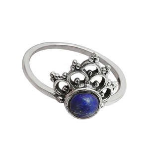 Round Cut Throat Chakra Lapis Lazuli Gemstone <b>Ring</b> Crown Shaped Women Band In Boho Style <b>Crafted</b> From Solid 925 Sterling Silver - Product Image 1