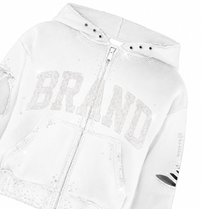 Hoodie personnalisé avec logo brodé effet vieilli, strass et patch, style streetwear, coupe classique, manches longues, unisexe, par SHY - Product Image 4