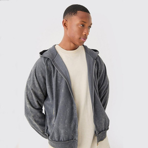 Sudadera con capucha y cremallera para hombre con logo personalizado, lavado ácido, peso pesado 500GSM, poliéster/algodón, hombro caído, estilo urbano, teñido liso para otoño - Product Image 1
