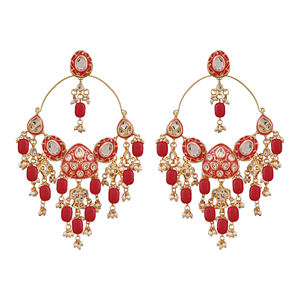 Boucles d'oreilles pendantes plaquées or en alliage, ornées de perles, de cristaux et de strass, style Kundan Jadau Hyderabadi, bijoux de mariage tendance, couleur rouge - Product Image 1
