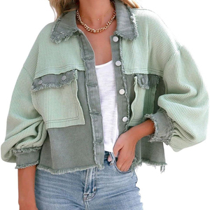 Green <b>Denim</b> <b>Jacket</b> Women Turn-Down Collar Regular Sleeve <b>Cropped</b> Utility Style Eco-Friendly Garment Dyed Fabric Spring Casual - Product Image 5