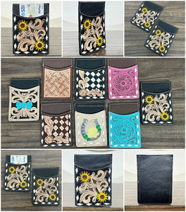 Tarjetero de Cuero Vacuno Hecho a Mano Personalizado al por Mayor, Diseño Floral y de Herradura, Estilo Occidental, Porta Tarjetas de Crédito - Product Image 3