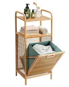 Armoire à linge moderne en teck avec étagères de rangement ouvertes et panier pliable - Product Image 1