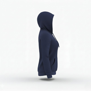 Women's Navy Blue Hooded <b>Zipper</b> <b>Sweatshirt</b> Regular Fit Knitted Long Sleeve Casual Autumn Wear Solid Color Design - Product Image 3