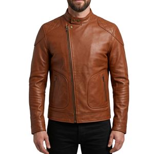 Chaqueta de Cuero Marrón Minimalista para Hombre al por Mayor, Estilo Biker con Cremallera Lateral Asimétrica, Cuello Liso, Corte Impecable, Chaquetas de Moda Urbana - Product Image 1