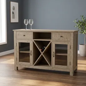 Meuble à vin en bois avec porte vitrée, deux tiroirs, casier à bouteilles intégré et étagères, rangement pour vin pour salon - Product Image 4