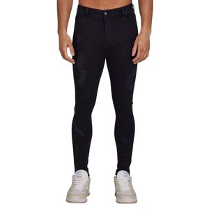 Vaqueros rotos para hombre con efecto spray, negros, de talle alto, elásticos, de ajuste extremo, estilo skinny, estilo urbano, vaqueros de moda para hombre - Product Image 1