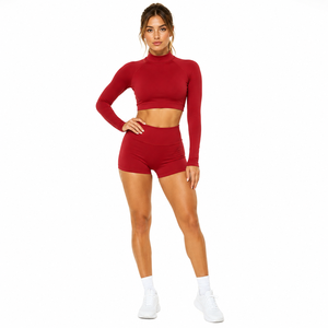Conjunto de Yoga sin Costuras de Cintura Alta para Mujer, Ropa de Gimnasio, Top Corto de Manga Larga y Pantalones Cortos Deportivos, Conjunto Deportivo de 2 Piezas, Ropa Deportiva Activa - Product Image 1