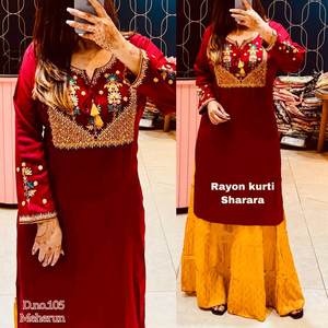 แฟชั่นเรยอนปักฟอยล์พิมพ์ kurti กับ sharara Maroon - Product Image 1