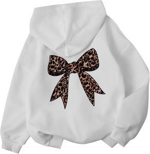 Sweat-shirt à capuche blanc surdimensionné avec nœud imprimé léopard au dos, pull décontracté unisexe en tricot - Product Image 1