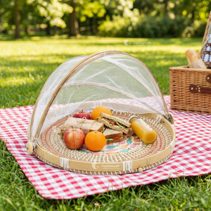 Bandeja de mimbre con incrustaciones de nácar y mosaico de conchas para alimentos, para cocina y comedor exterior, con red de malla plegable para exhibición de frutas - Product Image 5