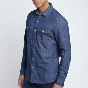 Chemise en jean pour homme à manches longues, coupe classique, couleur unie, col rabattu, respirante, style décontracté, coton délavé - Product Image 2