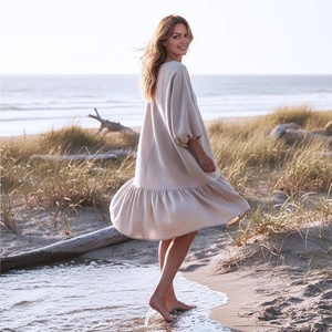 Robe midi vintage 100 % coton à manches cloche avec nœud et poches latérales, taille haute, décontractée, grande taille, pour femme - Product Image 1