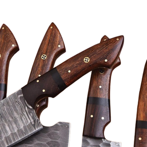 custom Handmade Damascus Steel BBQ Chef <b>Knife</b> <b>Set</b> 5 - piece Kitchen <b>Knife</b> <b>Set</b> Turquoise & Rose Wood Handle with leather sheath - Product Image 4