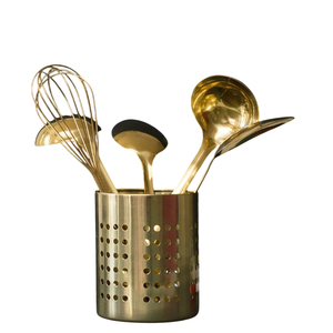 Antique Gold Metal <b>Cutlery</b> Holder Round Shape Flatware Storage Basket <b>Vintage</b> Style Dining Table For Kitchen Decor - Product Image 1