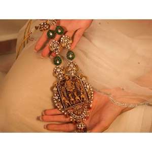 Premium Brass Temple Jewellery <b>Set</b> With <b>Pearl</b> Studded Ancient Kundan Design For Women Bridal Wedding Wear - Product Image 1