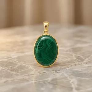 Pendentif en argent Ha Gems, ovale, en malachite naturelle, style original, unisexe, plaqué or, vente en gros, pour femmes, Rajasthan - Product Image 3