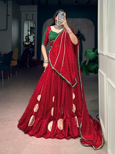 VISHNU K DESIGNS LAHENGA CHOLI GEORGETTE ESTAMPADO con encaje GPTTA PATTI y encaje GAMTHI MIROOR, traje largo hasta el suelo para fiesta - Product Image 1