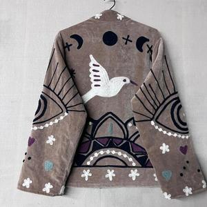 Bohemian Gray <b>Velvet</b> Embroidered Suzani Jacket With Floral And Bird Pattern Full Sleeve Stand Collar Bohemian <b>Women</b> Winter <b>Coat</b> - Product Image 5