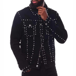 Veste en jean pour homme avec strass, col montant et logo personnalisable sur le devant, idéale pour les fêtes et le streetwear - Product Image 6