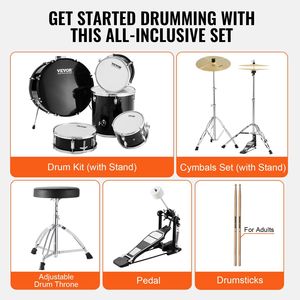 22-Inch 5-Piece adulto Full Size Drum principiante Bass Toms rullante da pavimento regolabile trono stand piatto Hi-Hat pedale - Product Image 6