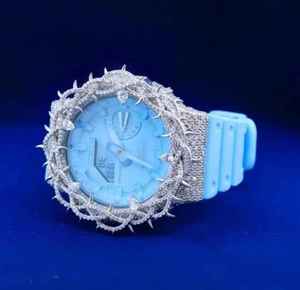 Reloj de Lujo Premium con Moissanita y Cuarzo, Diseño de Espiga, Analógico Digital con Fecha, Correa de Silicona Azul, Unisex - Product Image 1