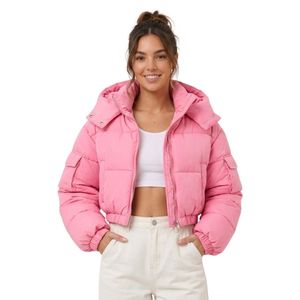 Veste matelassée courte pour femme, à blocs de couleur, à manches longues, à capuche, en polyester, chaude, style doudoune - Product Image 4