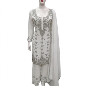 FAMUCAAS Mustard Yellow Hand Embroidered Georgette Indian/Pakistani Women's Dress Set V Neck Long Sleeve Plazo Kameez Dupatta - Product Image 6