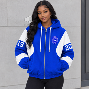Zeta Phi Beta Sorority <b>Women's</b> Blue <b>White</b> Color Block Zip-Up Oversized Hoodie Greek Letter Embroidered Varsity <b>Sweatshirt</b> - Product Image 4