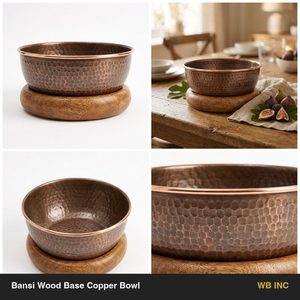 Handmade 24 cm Copper Decor Bowl with Antique Bansi <b>Wood</b> Detail Dual Material for Home Decor and Hotel Use - Product Image 6