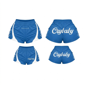 Shorts cortavientos para mujer de poliéster y spandex de 220 GSM, color negro con panel lateral morado, sublimación, logotipo personalizado. - Product Image 4