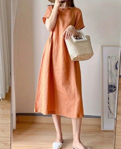 Robe midi en lin, col rond, manches courtes, coupe ample, couleur unie, respirante, décontractée, robe d'été pour femmes - Product Image 4