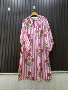 Floral Print <b>Kaftan</b> Maxi Dress V-neck Long Sleeve Loose Fit 100% Cotton <b>Summer</b> Casual Simple Lady's Woven Breathable - Product Image 6