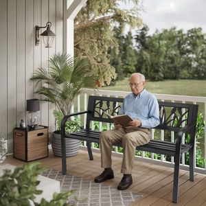 Panca in Ferro con Schienale a Tulipano in PVC Nero da 49 Pollici per Uso Esterno - Product Image 5