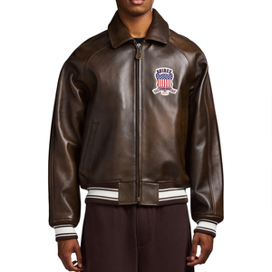 Chaqueta Bomber Estilo Avirex Vintage Marrón de Cuero Genuino y Lona Recubierta con Parches Bordados para Invierno y Uso Urbano - Product Image 3