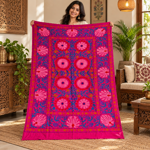 Exclusive Handmade Suzani Cotton Bedsheet Crimson Pink <b>Blue</b> Floral Embroidery Bohemian Indian Ethnic Home Decor <b>Bedspread</b> - Product Image 2