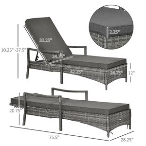 Sedia a Sdraio in Teak e Vimini a 4 Posizioni Regolabili, Grigio Scuro con Cuscino Rimovibile per Bordo Piscina e Balcone - Product Image 3