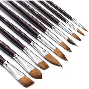 Set Professionale di 10 Pennelli per Acquerello in Pelo di Martora, Varie Forme: Piatti, a Punta Lunga, a Puntale, e Altre Forme per Pittura - Product Image 1