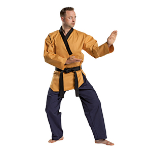 Uniforme de Taekwondo Premium Personalizado para Hombre, Top Dorado, Pantalones Azul Marino, Dobok, Traje de Entrenamiento de Artes Marciales, Venta al Por Mayor OEM - Product Image 3