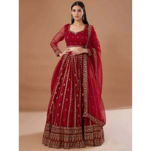Red Zari Embroidered Organza Wedding <b>Lehenga</b> Choli for Women - Product Image 1