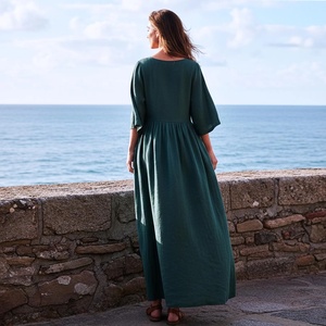 Vestido Maxi de Lino con Corte en A, Cintura Natural, Holgado, con Mangas 3/4, Vestido de Verano Talla Grande, Estilo Bohemio Informal para Mujer - Product Image 2