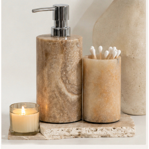 Exclusive Natural Stone <b>Bathroom</b> <b>Accessory</b> <b>Set</b> Handmade Beige Marble Liquid Soap Dispenser and Toothbrush Holder Tumbler - Product Image 4
