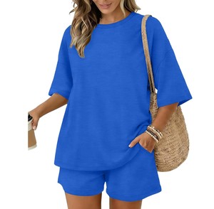 Women's Black 2-Piece <b>Knitted</b> <b>Set</b> O-Neck Loose Top With Pocket Shorts Casual Breathable Spring Summer Wear - Product Image 3