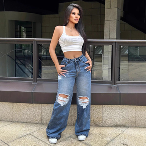 Jeans de Mujer Y2K de Cintura Alta y Pierna Ancha, Lavado Claro, Desgastados, Pantalones de Mezclilla Casuales - Product Image 4