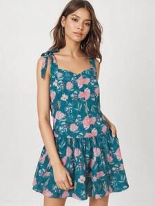 Vestido Mini de Algodón Tejido Ecológico con Estampado Floral, Corte Ajustado y Evase, para Mujer, Uso Diario, Cintura Elástica, Casual - Product Image 3