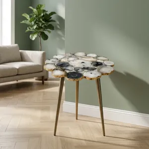 Modern Handmade Resin Stone Inlay Side <b>Table</b> with Metal Legs Contemporary Elegant Living Room Accent Furniture Decorative Design - Product Image 3