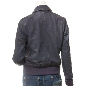 Blouson bomber en cuir PU bleu foncé pour femme, fermeture éclair intégrale, col rabattable, coupe-vent, style automne - Product Image 3